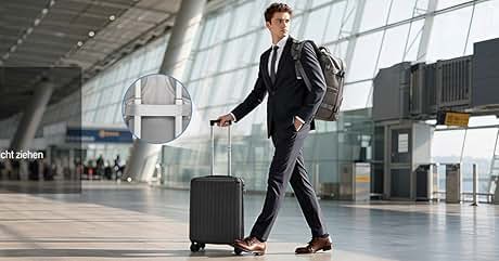 "Image 1", "3-stufiger Teleskopgriff", "Der Teleskopgriff lässt sich herausziehen und in perfekter Höhe einstellen". Business traveler with backpack pulling a black carry-on suitcase through airport terminal, featuring adjustable telescopic handle.