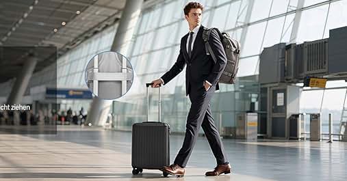 "Image 1", "3-stufiger Teleskopgriff", "Der Teleskopgriff lässt sich herausziehen und in perfekter Höhe einstellen". Business traveler with backpack pulling a black carry-on suitcase through airport terminal, featuring adjustable telescopic handle.