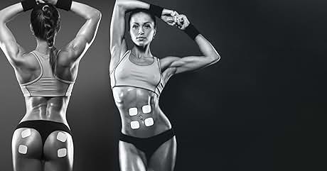 Imagen en blanco y negro de dos mujeres atléticas vestidas para hacer ejercicio, que muestran espaldas y abdómenes musculosos con cuadrados blancos colocados en la piel