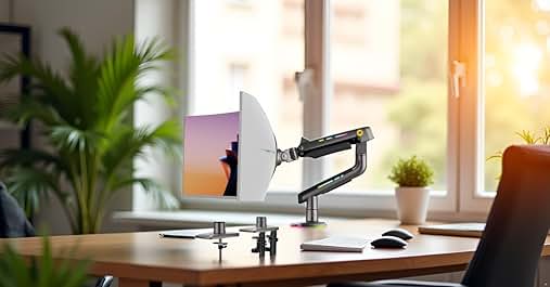 Verstellbarer Monitorarm mit weißem Computerbildschirm auf einem Holzschreibtisch in hellen Büroräumen mit sichtbaren Pflanzen, Laptop und Bürostuhl.