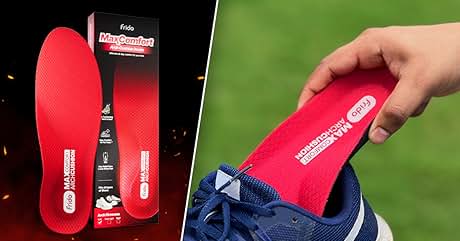 Red shoe insoles displayed in packaging and being inserted into a blue athletic shoe. Product appears to be heat-moldable or customizable insoles.