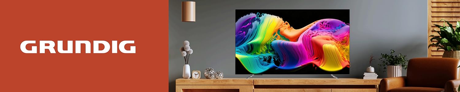 Grundig logo next to a vibrant, colorful TV display showing abstract rainbow patterns in a modern living room setting.