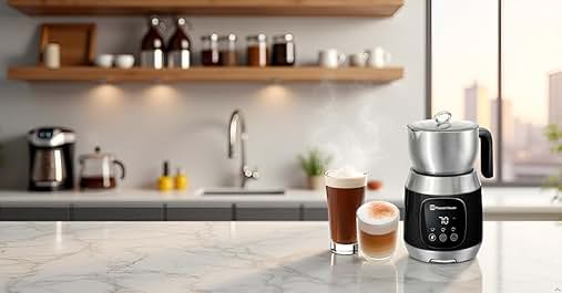 Kitchen countertop with electric milk frother and two glasses of coffee drinks. Frother has digital display. Background shows shelves with jars and appliances, sink, and city view through window.