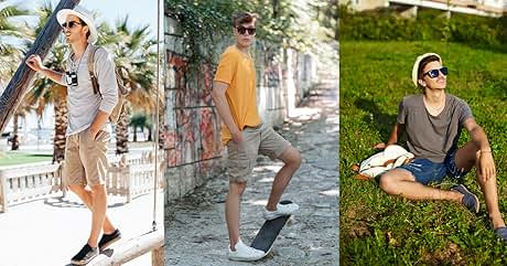 Serie de fotos de estilo de vida en tres paneles que muestra atuendos casuales de verano en exteriores, con combinaciones de pantalones cortos y ropa ligera