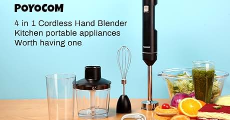 POYOCOM 4-in-1 cordless hand blender set with attachments including whisk and blending jar, displayed with fruits and smoothie.