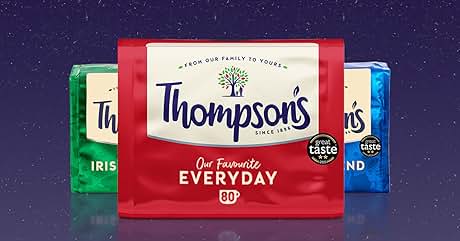 Text reads "Everyday Teabags", "Thompson's", "Our Favourite EVERYDAY", "SHOP NOW". Three tea boxes displayed: red center box labeled "Thompson's", green left box partially visible, blue right box partially visible. Great Taste award logo on red box.
