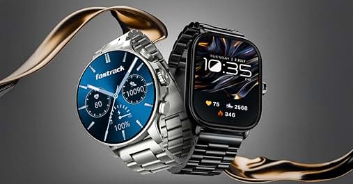 Two smartwatches side by side. Left: round blue dial with silver band. Right: square black face with dark band. Both display digital interfaces with time and health data.