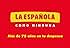 de La Española sobre fondo rojo. Cuadro de texto amarillo con el lema «COMO NINGUNA». Un texto más pequeño menciona «75 años