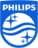 Philips-Logo in leuchtendem Blau auf schwarzem Hintergrund. Schildförmiges Emblem mit stilisierten Wellenlinien und sternförmigen Formen sowie fett gedrucktem „PHILIPS“ -Text