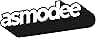 El texto dice «asmodee». Logotipo en blanco y negro con texto estilizado en forma geométrica que se asemeja a una burbuja de diálogo rectangular o una pieza