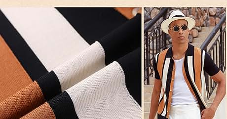 Tejido de punto a rayas en negro, blanco y marrón. Hombre vistiendo un cárdigan a rayas a juego con pantalones blancos, gafas de sol y sombrero en
