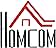 con el texto «HomeCom» en negro con un estilizado diseño de techo rojo sobre las letras