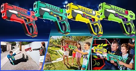 Coloridas pistolas de laser tag en rojo, verde azulado, amarillo y verde, que se muestran con fotos de acción de jugadores que participan en actividades de laser tag al aire libre
