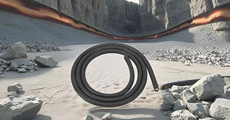 Manguera o cable flexible negro enrollado en suelo rocoso. El fondo muestra un terreno desértico con grandes formaciones rocosas y tuberías o estructuras de color cobre