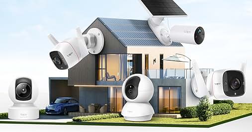 con varias cámaras de seguridad y un dispositivo doméstico inteligente. Las cámaras están colocadas alrededor del exterior y el techo de la casa.