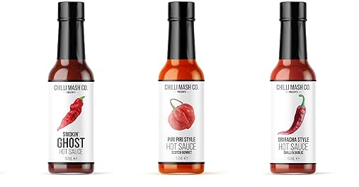 Set of five hot sauce bottles with different colors. Labels indicate various pepper types used in each sauce.