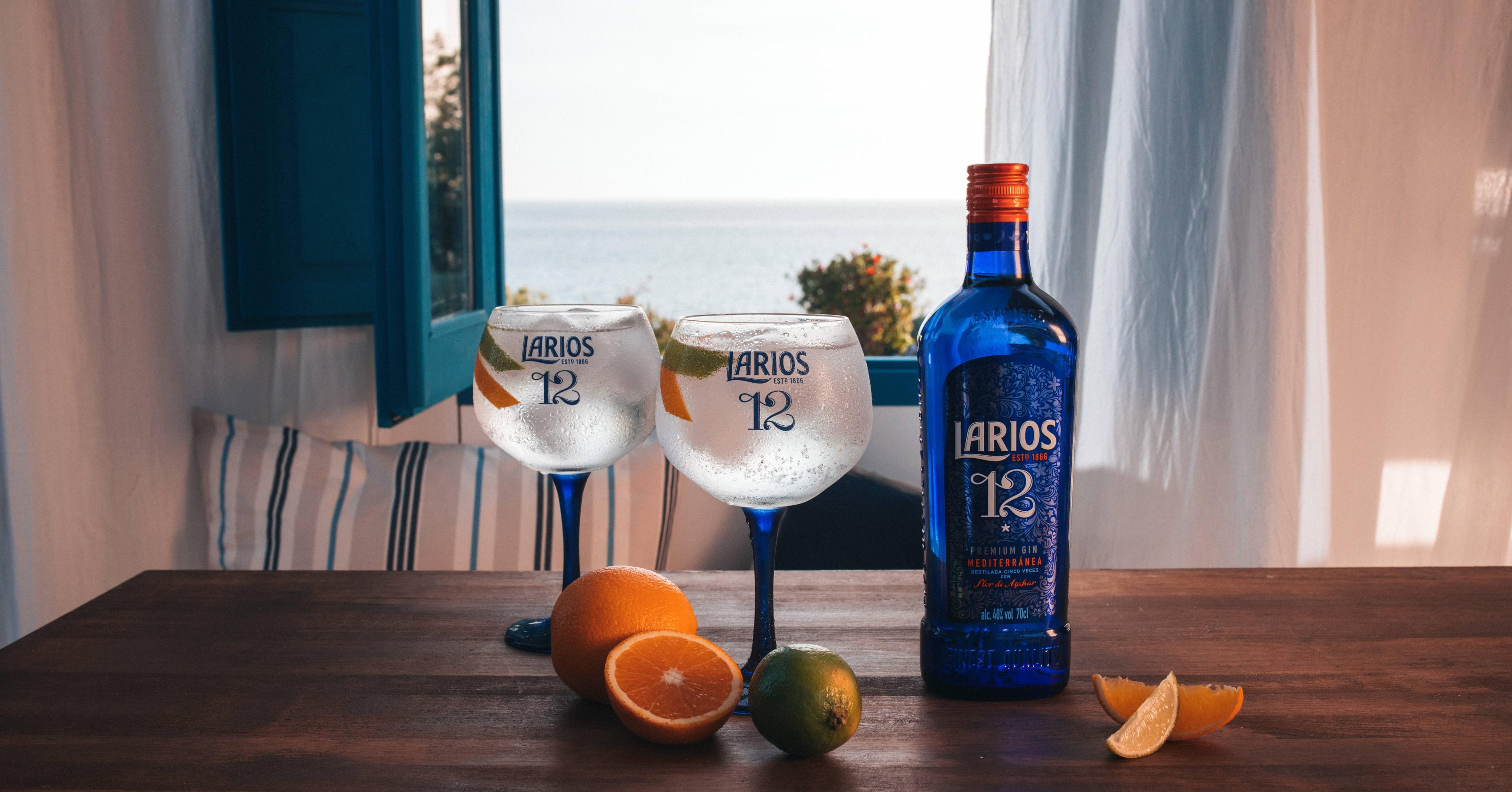 Larios 12 vasos para botella de ginebra y globos con frutas cítricas sobre una mesa de madera, vista al mar visible a través de la ventana
