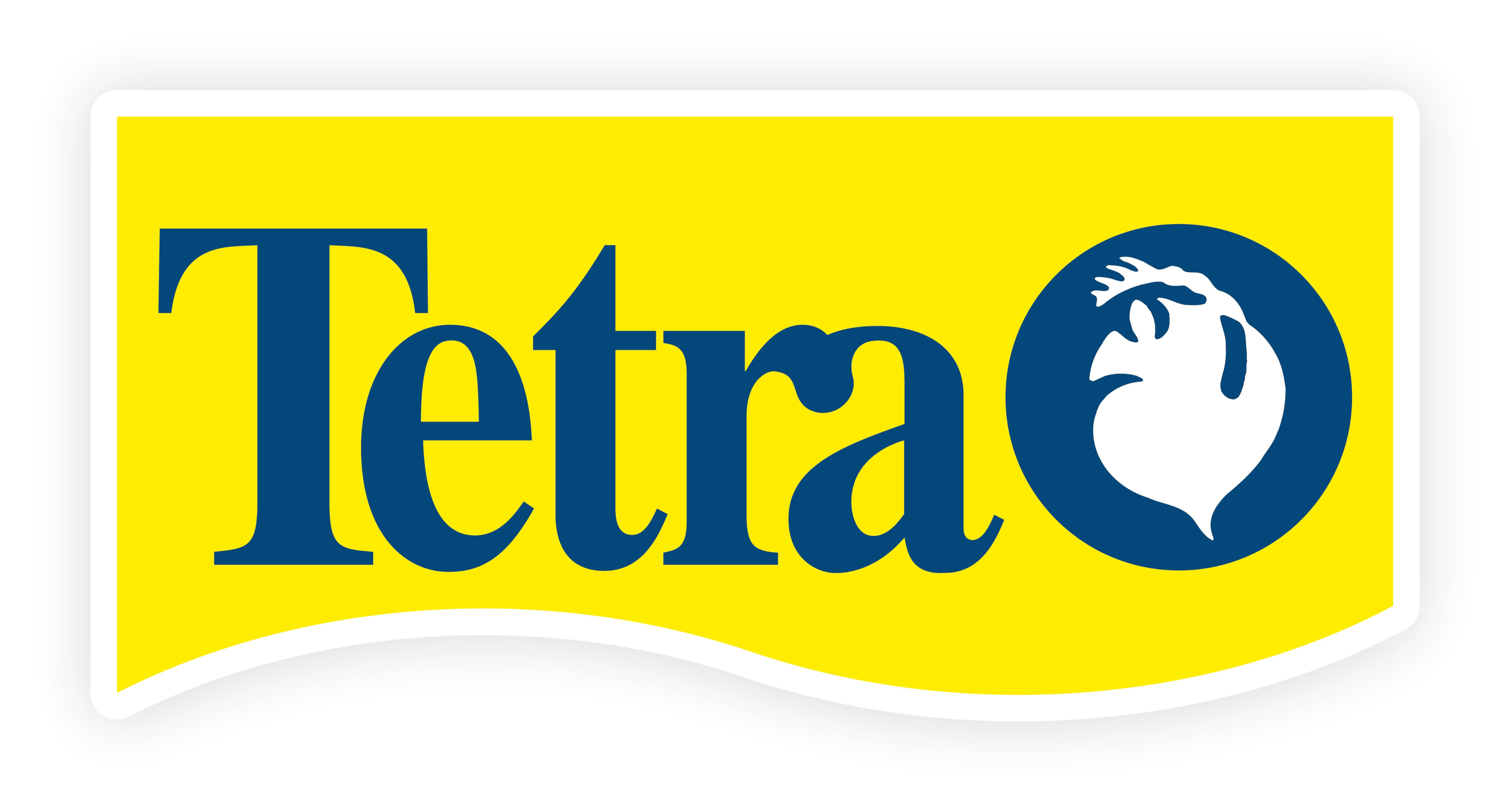 de Tetra sobre fondo amarillo. Texto azul «Tetra» con un icono de pez estilizado en un círculo azul a