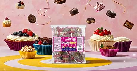 Bolsa transparente de piruletas de colores rodeada de varios cupcakes y postres. Paquete etiquetado como «Cualquier ocasión» con una marca rosa. Caramelos flotando sobre un fondo rosa.