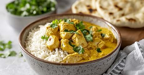 Bowl of yellow curry with chunks of meat, served with white rice. Garnished with fresh herbs. Side dishes of green salad and flatbread visible.