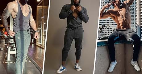 Imagen de tres paneles que muestra ropa deportiva. Los paneles muestran camisetas sin mangas ajustadas, pantalones para correr y zapatos en varias poses