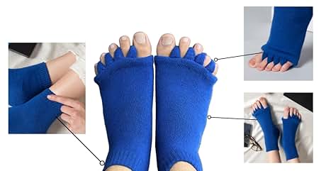 Blue toe separator socks shown on feet, with close-ups of the individual toe slots and the socks worn inside shoes.