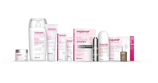 de productos para el cuidado de la piel de Repavar que incluye cremas, sueros y lociones en envases blancos y rosas. Se muestran varios tamaños de botellas y tarros