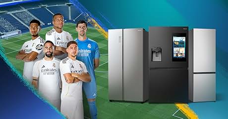 El texto dice «Imagen 1". Imagen dividida: la izquierda muestra a jugadores de fútbol con uniformes blancos y azules, con las letras «Emirates» y «Fly better» visibles. A la derecha se muestran tres refrigeradores de acero inoxidable, uno con pantalla táctil.