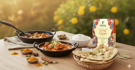 Text reads "BUTTER CHICKEN". Indian meal setting with two curry dishes, rice, naan bread, and spices. Colorful Tasty Bazaar butter chicken sauce packet visible.