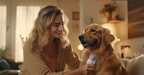 una mujer que sostiene una oreja de perro y un peine.