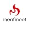 Logo design featuring red flame symbol above black text 'meatmeet' on white background.