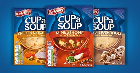 Three Batchelors Cup a Soup packets: Chicken & Veg, Minestrone, and Mushroom flavors. Each box displays the soup type and product imagery.