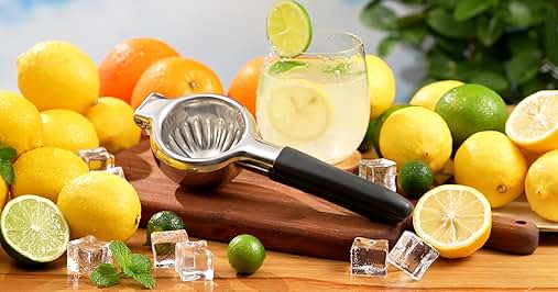 Citrus fruits display with lemons, limes, and oranges. Glass of lemonade, ice cubes, and a metal citrus juicer on a wooden surface.