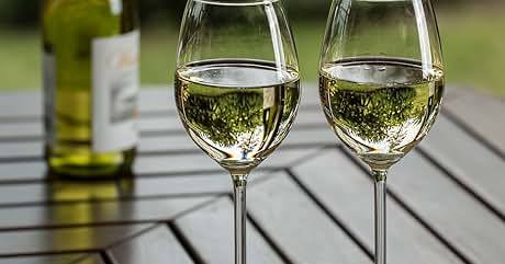 Dos copas de vino llenas que contienen vino blanco sobre una mesa exterior de madera, con una botella de vino parcialmente visible en el fondo.