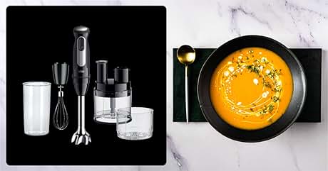Left: Immersion blender set with attachments including whisk and chopper on black background. Right: Bowl of orange soup garnished with cream swirl and herbs, gold spoon on dark slate.