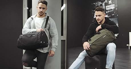 Se muestran dos bolsas de lona grandes, una en negro y otra en verde oliva, con correas de hombro resistentes y compartimentos espaciosos para viajar o ir al gimnasio.