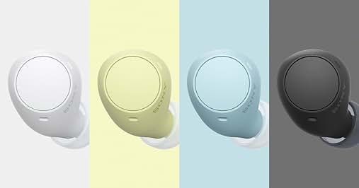 Se muestran cuatro auriculares inalámbricos idénticos en diferentes variaciones de color: blanco, crema, azul claro y negro