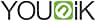 Diseño de logotipo con el texto «YOUOIK» en letras de color gris oscuro con un icono circular verde que contiene una flecha integrada en la