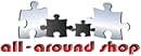 Logodesign mit Puzzleteilen und Text „All-Around Shop“ in Rot und Grau. Drei weiße und ein schwarzes Puzzleteil sind in einer Reihe angeordnet