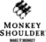 dice «MONKEY SHOULDER» y «MAKE IT MONKEY». Logotipo negro con tres monos estilizados en silueta dispuestos verticalmente con colas rizadas sobre fondo blanco