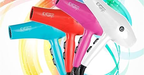 de coloridos secadores de pelo dispuestos en un patrón circular, con modelos en rojo, rosa, blanco y turquesa sobre un fondo arremolinado