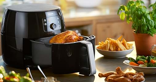 a chicken in a black oven on a counter.