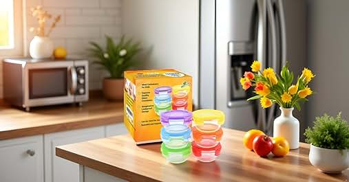 Text reads "Image 1". Colorful stackable food storage containers on kitchen counter with product box. Microwave, refrigerator, flowers, and fruits visible in background, suggesting kitchen setting.