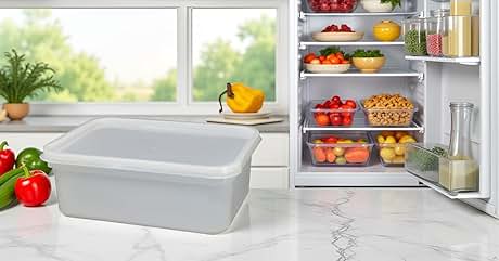 Text reads "Image 1". Kitchen countertop with open refrigerator filled with colorful fruits and vegetables. Large gray plastic container in foreground. Window with plant visible in background.