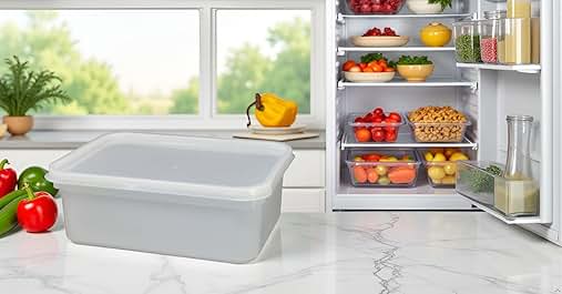 Text reads "Image 1". Kitchen countertop with open refrigerator filled with colorful fruits and vegetables. Large gray plastic container in foreground. Window with plant visible in background.