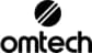 en blanco y negro con el texto «omtech» en minúsculas. Encima del texto hay un emblema circular con