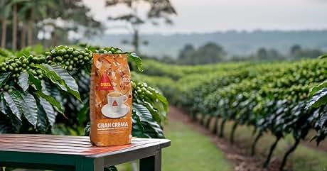 colocada sobre una barandilla de madera con vistas a una exuberante plantación de café verde con hileras de plantas de café que se extienden a