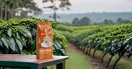 colocada sobre una barandilla de madera con vistas a una exuberante plantación de café verde con hileras de plantas de café que se extienden a