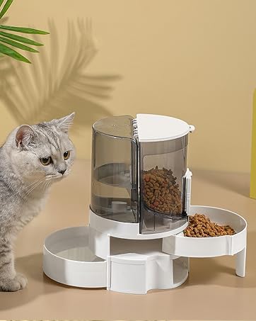 Cat sitting next to automatic feeder