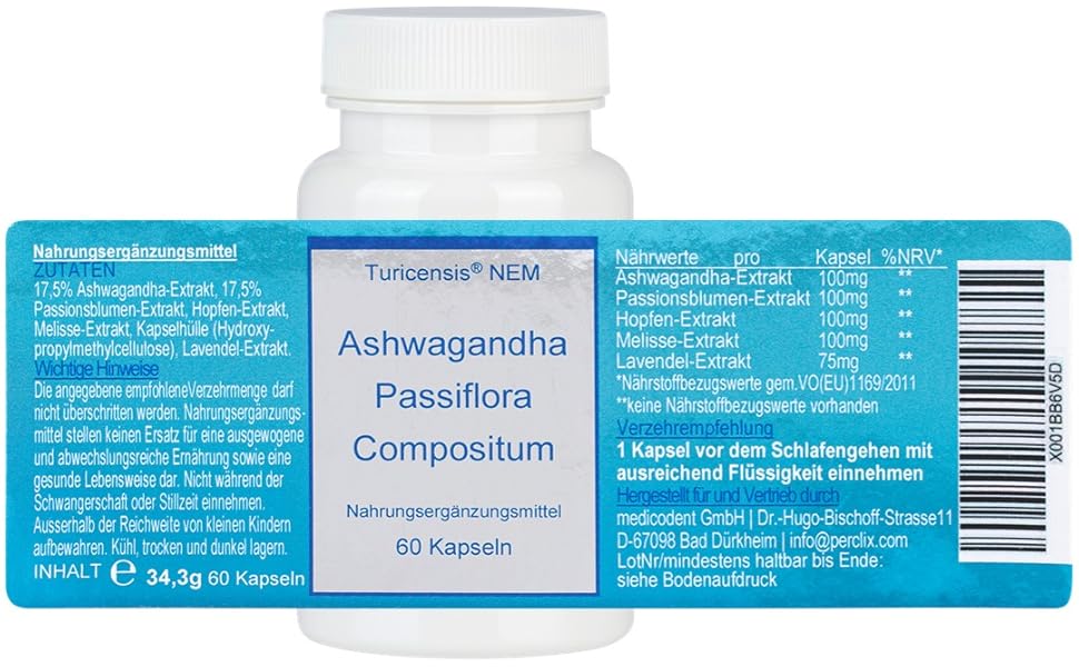 Ashwagandha Passiflora compositum Kapseln mit Extrakten (Hopfen, Lavendel, Melisse